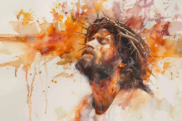 Jesus Christ Carrying the Cross orange watercolor
