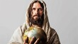 Jesus holding a globe eyes filled with love for the world
