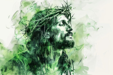 Wall Mural - Green splash watercolor sketch painting of the face of Jesus Christ