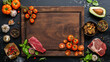 Cutting board on stone table with fresh meat, vegetables and spices around, empty space in the middle. Food background.