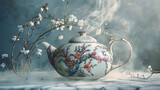 A delicately painted porcelain teapot steaming with fragrant herbal tea. The image is accompanied by the words Chinese tea ceremonies are steeped in tradition and believed