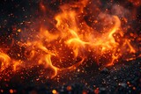 Fototapeta Zwierzęta - Fire and ember overlay effect and smoke background. Grill hot flame with flying spark particle and ash in hell. Festive firestorm burnt particles vector panoramic nature texture with steam and coal.