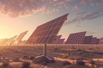 Wall Mural - An array of solar panels in a desert, the warm, soft light reflecting off the panels symbolizing the immense potential of solar energy