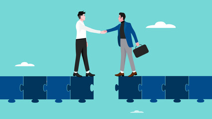 make business deals to achieve business goal with two business people shaking hands to connect puzzle bridge, agreement to achieve business success, business partnership concept vector illustration