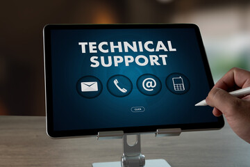 Poster - man touch screen Technical Support Center Customer Service Business Technology Service support customer