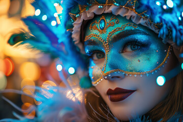 People wearing lively carnival masks Combining the essence of beauty, art and fashion, it stands up wonderfully in a Venetian masquerade. Her makeup and costumes combine imagination with tradition. Hi