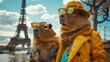 Selfie of fashion tourist capybara couple Eiffel Tower background in Paris France. Concept romantic travel funny pet animal in costume humor message greeting card blogging