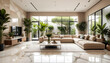 © anmitsu - A large modern living room with lots of plants and a sofa and lots of sunlight. beige marble floor