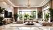 © anmitsu - A large modern living room with lots of plants and a sofa and lots of sunlight. beige marble floor