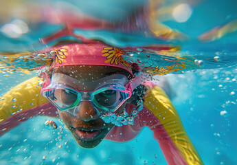 Wall Mural - A young woman is swimming underwater in the pool wearing a pink and yellow wetsuit, a colorful cap with a leaf pattern and goggles on her face doing sport training