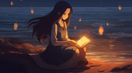 Woman Reading Book on Beach