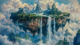 Painting of an island floating in the air with waterfalls cascading down.