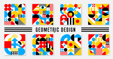 Poster - Abstract geometric tile banners with futuristic shapes and elements, vector pattern backgrounds. Yellow, red and black abstract modern geometric pattern art with minimal mosaic color shapes