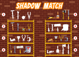 Poster - Shadow match game, find cartoon diy and repair tools characters silhouette. Kids vector worksheet with hammer, spanner, tape and pliers. Vice, plane, spatula, roller and screwdriver on garage shelf