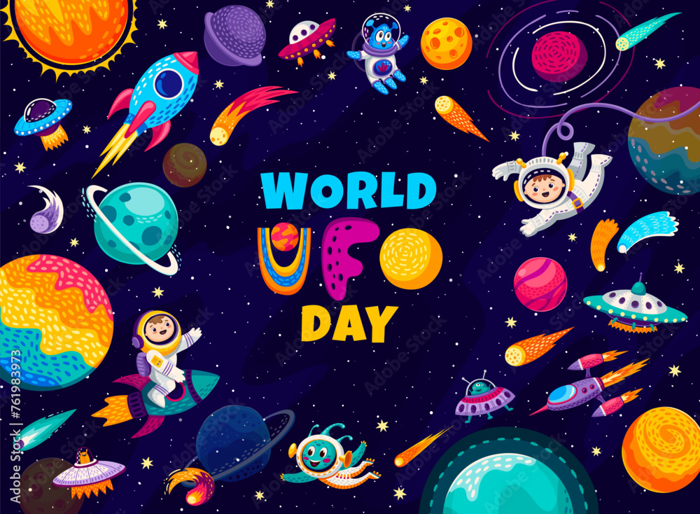 World ufo day, cartoon flying saucer and alien characters in outer ...