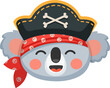 Cartoon koala animal pirate and corsair. Sailor and captain, skipper and boatswain character. Isolated vector cute kawaii Australian baby bear personage with happy smiling face, bandana and cocked hat