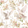 Watercolor seamless pattern on a white background, doves, flowers and ribbons in pastel colors. Wedding, romantic, gentle, classic. For wallpaper, fabric, decor, paper