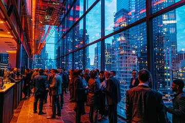 Wall Mural - A group of professionals standing in front of a window at a bustling urban networking event