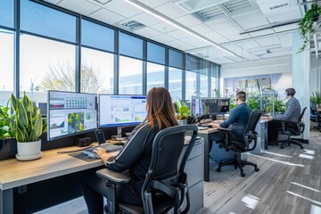 Wall Mural - a woman is seated at a desk, focused on work, with two large monitors in front of her in a modern of