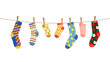© Buch&Bee - Clothesline with socks and clothespins hang on rope, fluttering in the breeze. Cartoon vector colorful pairs for kids and adults hang side by side, creates a display of drying laundry in the sunshine