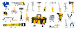 © Buch&Bee - Cartoon funny diy, building and repair tool characters. Vector wallpaper roll, axe, drill, file or fretsaw. Brush, pliers and planer, vice, trowel, measuring tape, hammer or sledgehammer with toolbox