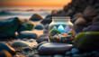 A glass jar filled with a miniature village and ocean scene