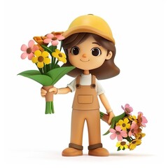 3D illustration of a cheerful animated female character in overalls and a hard hat holding colorful flowers, ideal for springtime-related designs with copyspace