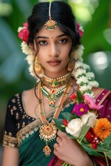 Bridal beauty wearing traditional Indian jewelry. Fictional character created by Generated AI. 