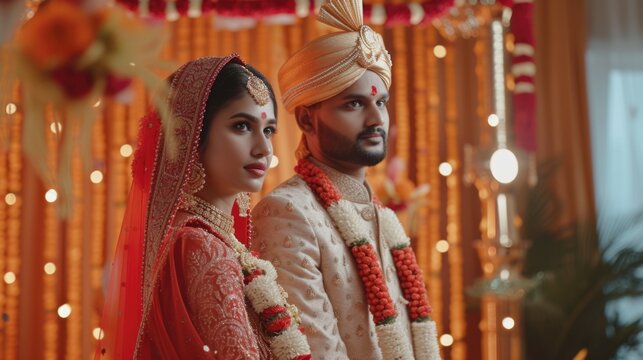 A beautiful Indian bride and groom pose for photos at their wedding ceremony.. Fictional character created by Generated AI. 