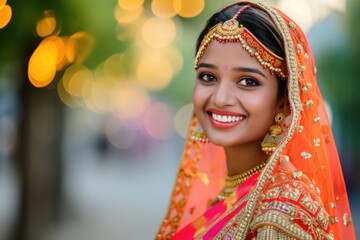 Wall Mural - Beautiful Indian Woman Wearing Traditional Bridal Makeup and Jewelry. Fictional character created by Generated AI. 