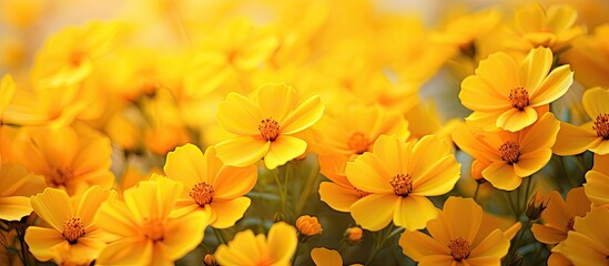 Canvas Print - Yellow daisies blooming in field with blur in background