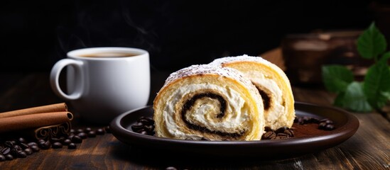 Canvas Print - A close up of a plate of food with a pastry on it