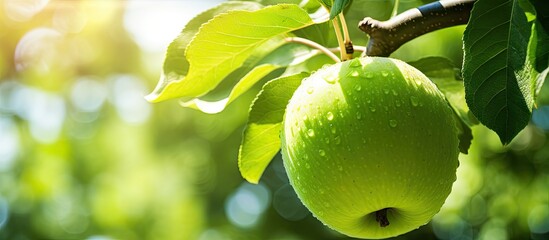 Canvas Print - Green apple hanging from tree with leaves