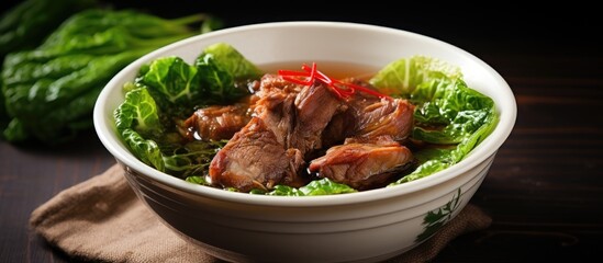 Sticker - Bowl of beef and lettuce on white background