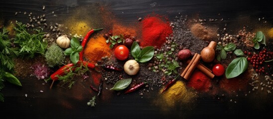 Canvas Print - Vibrant Mix of Aromatic Spices and Herbs on a Dark Background for Culinary Creativity