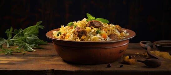 Wall Mural - Rustic Bowl of Delicious Food Displayed on a Vintage Wooden Table Setting