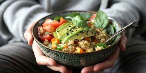 Wall Mural - A person holding an avocado bowl, with the salad including quinoa and vegetables,Healthy vegetarian food