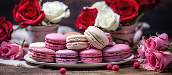 Wall Mural - Delicate Plate of Sweet Pink Macarons Surrounded by Elegantly Arranged Roses