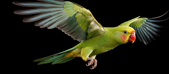 Canvas Print - Graceful Green Parrot Soaring through the Vibrant Blue Sky in a Majestic Flight