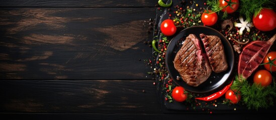 Canvas Print - Sizzling Steak Delight: Succulent Meat with Fresh Veggies and Aromatic Herbs on Dark Wood