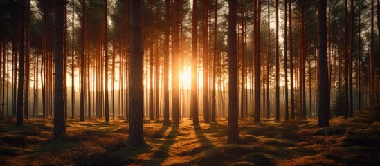 Canvas Print - Enchanting Forest with Glowing Sunlight Peeking Through Lush Trees in a Serene Nature Setting