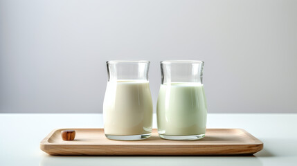 Milk products, tasty and healthy dairy products. 3 Bottles and glasses of milk on wooden table.