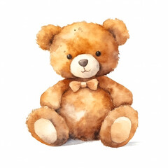 water colors painting of solo brown teddy bear in the isolated white background 