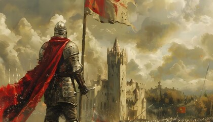 Wall Mural - Knight armed with spear or sword in the background of the battlefield