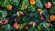 Tropical floral and bird pattern background