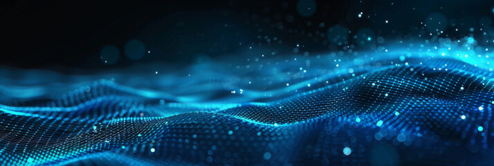 Poster - abstract background with a blue digital mesh and dots on a dark background,blue wave data transfer f