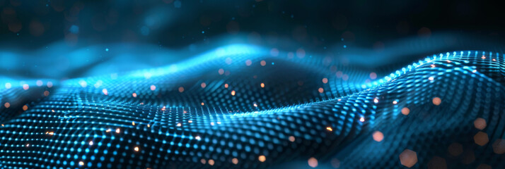 Abstract background with a blue digital mesh and dots on a dark background,blue wave data transfer futuristic technology concept.