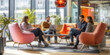 © Summit Art Creations - Blurred photo capturing the dynamic atmosphere of a modern open-plan office with people engaged in discussion and work. Resplendent.