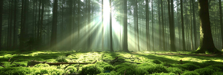 Beautiful forest with sunlight shining through the trees, green moss on ground,sun rays through the forest, sun beams in green forest background