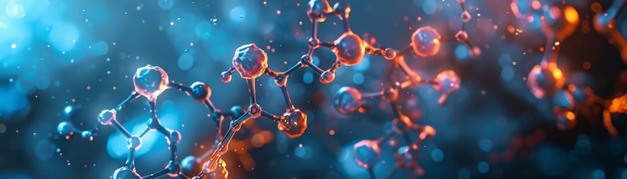 Pharmaceutical innovation, digital molecule visualization, lab testing in progress.